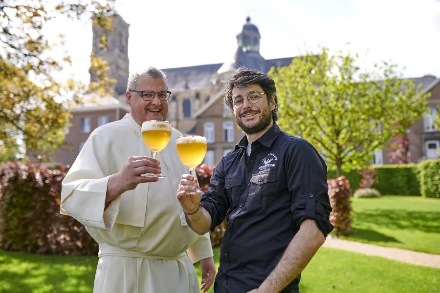 Abbey brewer Fr. Karel Stautemas and master brewer Marc-Antoine Sochon toast the opening of Grimbergen Abbey Brewery in Belgium.?w=200&h=150